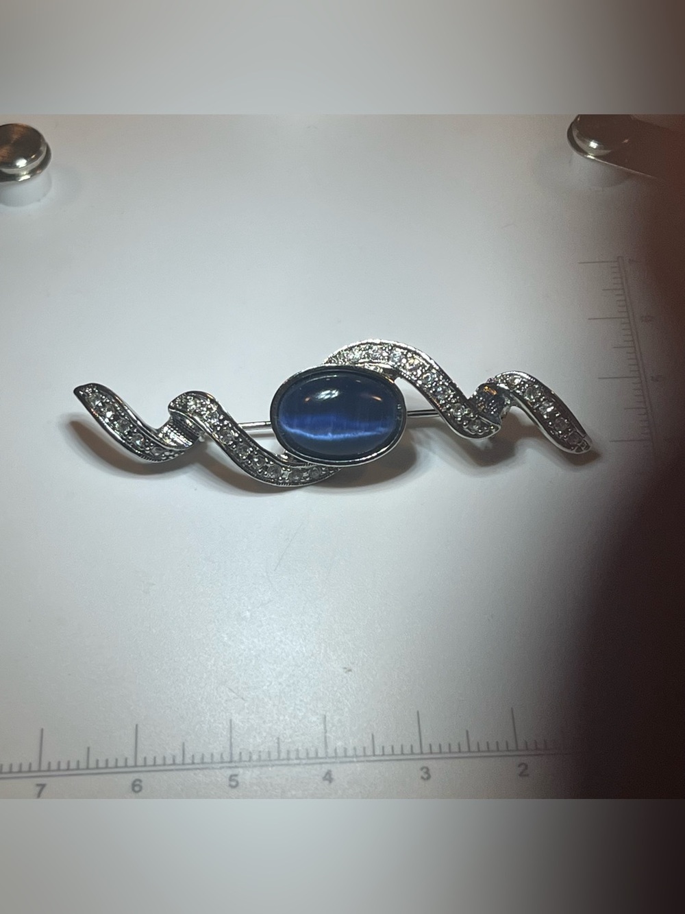 Vintage Silver Tone Ribbon Brooch Blue Rhinestone Accent Pin